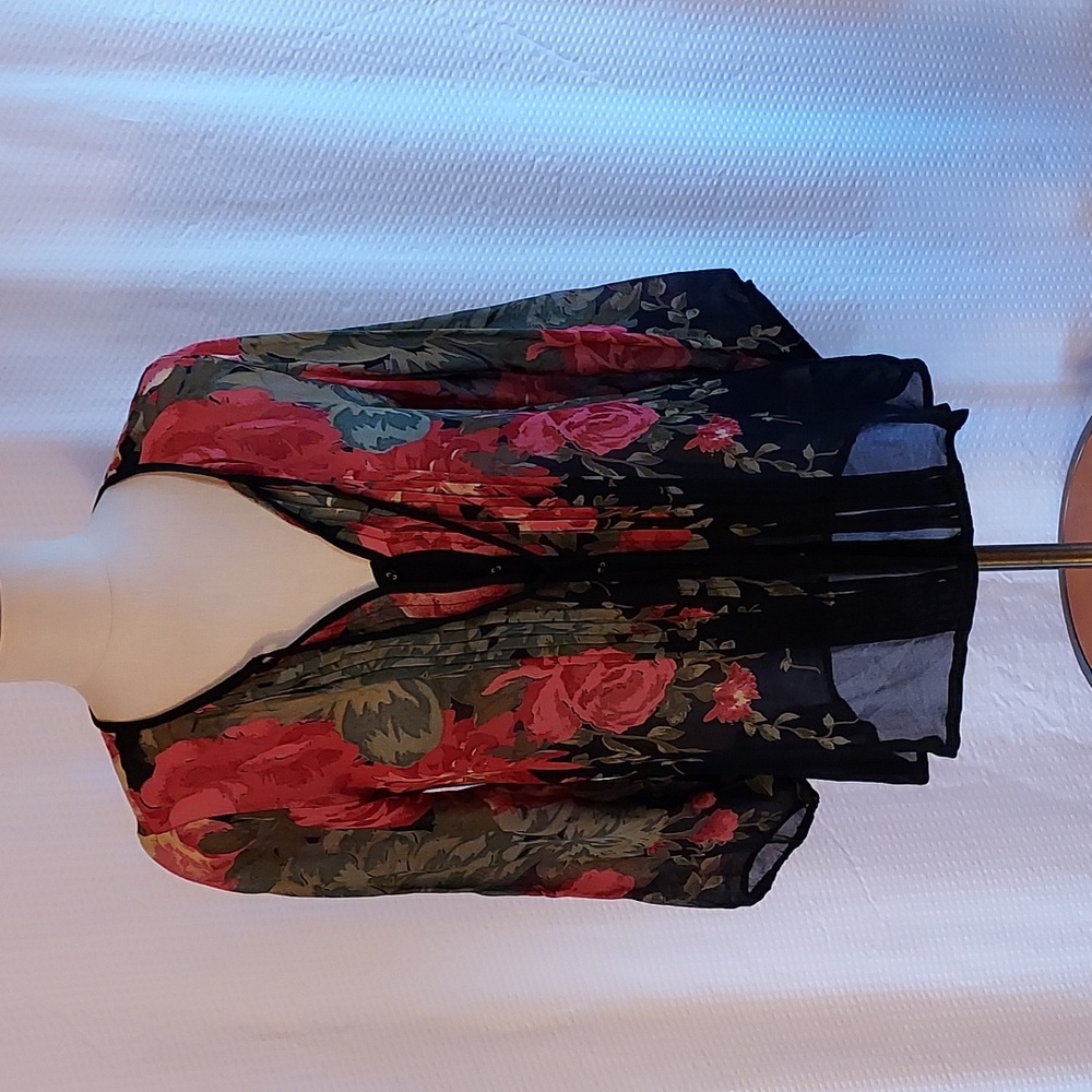 Anthropology One Fine Day Women's Sheer Jacket Top Black Floral Buttoned…